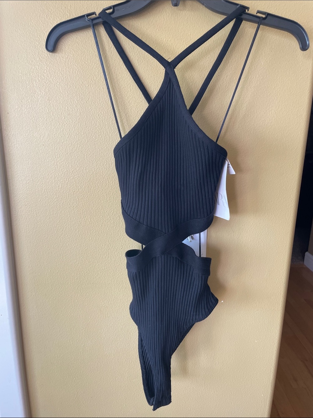 NWT Zara Black Ribbed Crisscross Cutout One-Piece Bodysuit